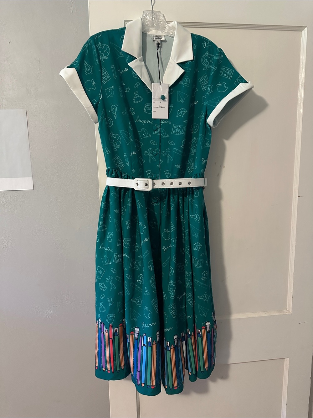 Unique Vintage Teal Dress with White Trim and Colorful Pencil Hem, Size M (6-8)